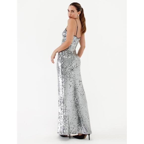 Rumored Vintage Sequin Slip Maxi Dress in Black Silver Disco - Picture 2 of 11